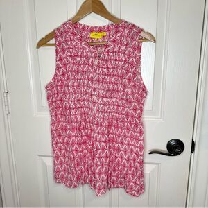 Roberta Roller Rabbit Pink White Leaf Printed Pleated Sleeveless Blouse Sz M